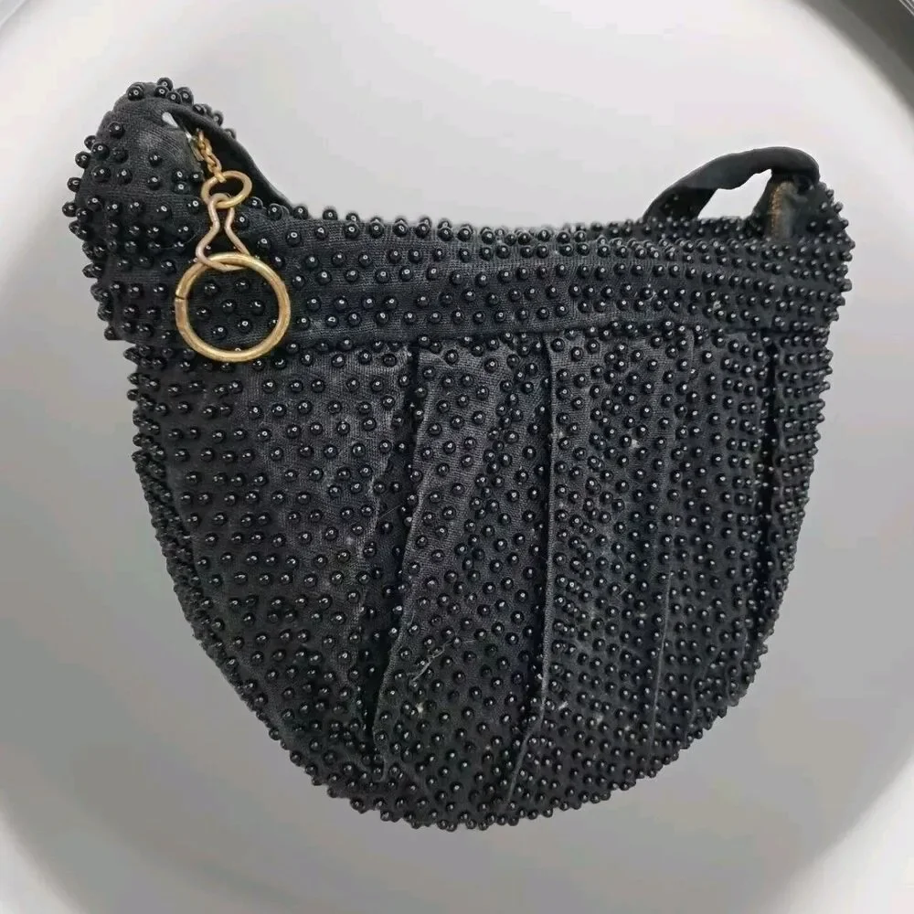 Vintage Plastic Beaded Bag Pleated Satchel Crescent Black Zippered Closure